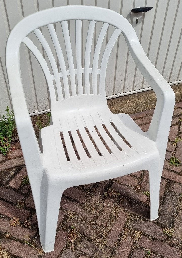 Terrasstoelen en tafels wit, Tuin en Terras, Ophalen, Gebruikt, Kunststof, Stapelbaar