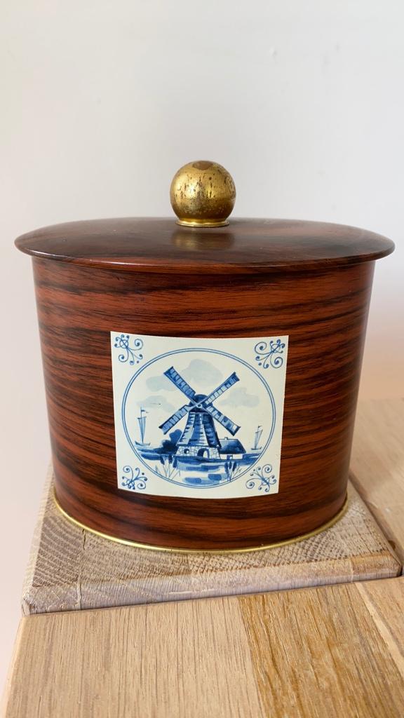 Vintage houtlook ovalen blik met Delftsblauwe tegelmotief, Ophalen of Verzenden, Gebruikt, Overige