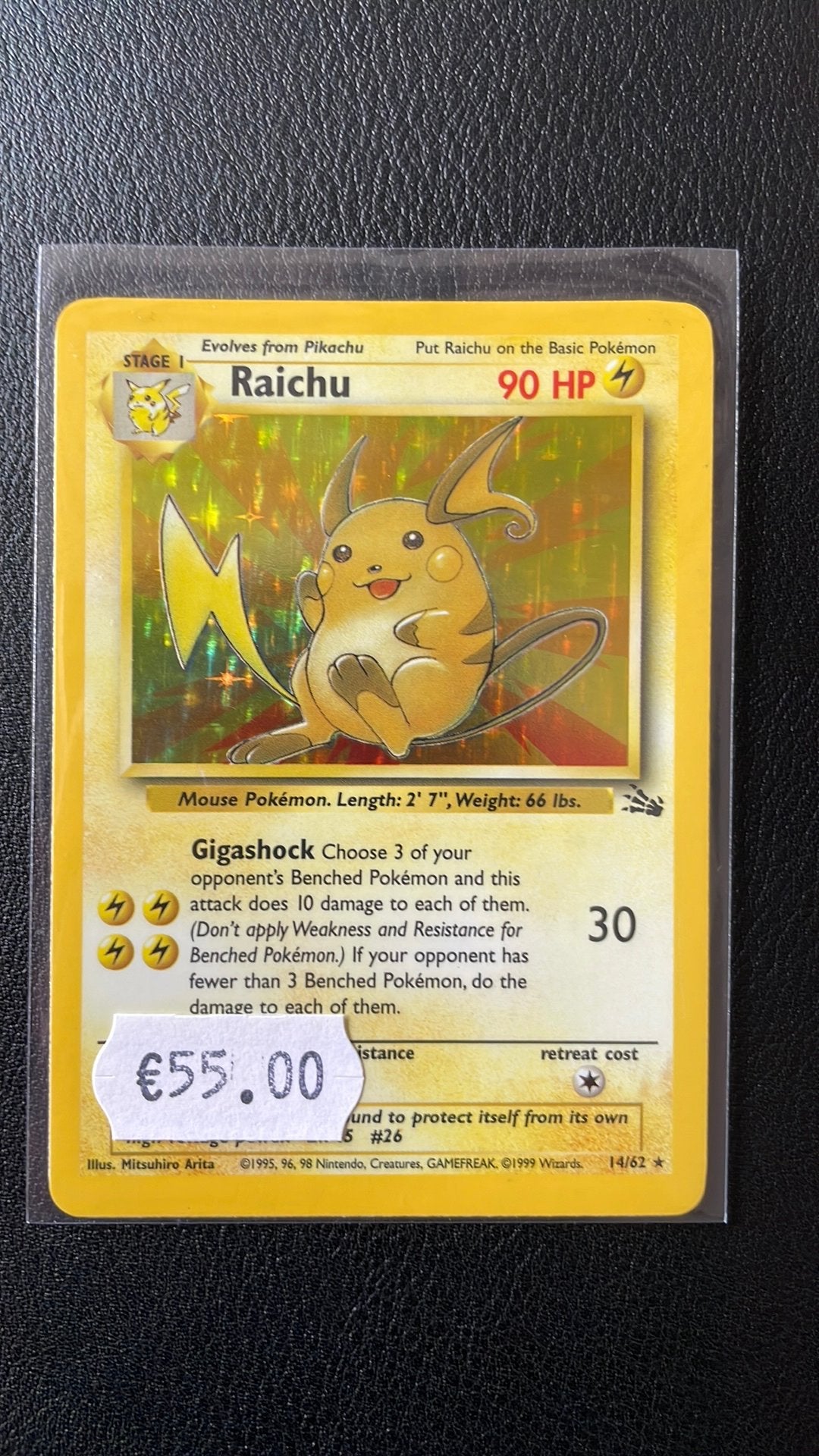 Pokemon kaart raichu fossil holo 14/62, Ophalen of Verzenden, Gebruikt, Losse kaart, Foil