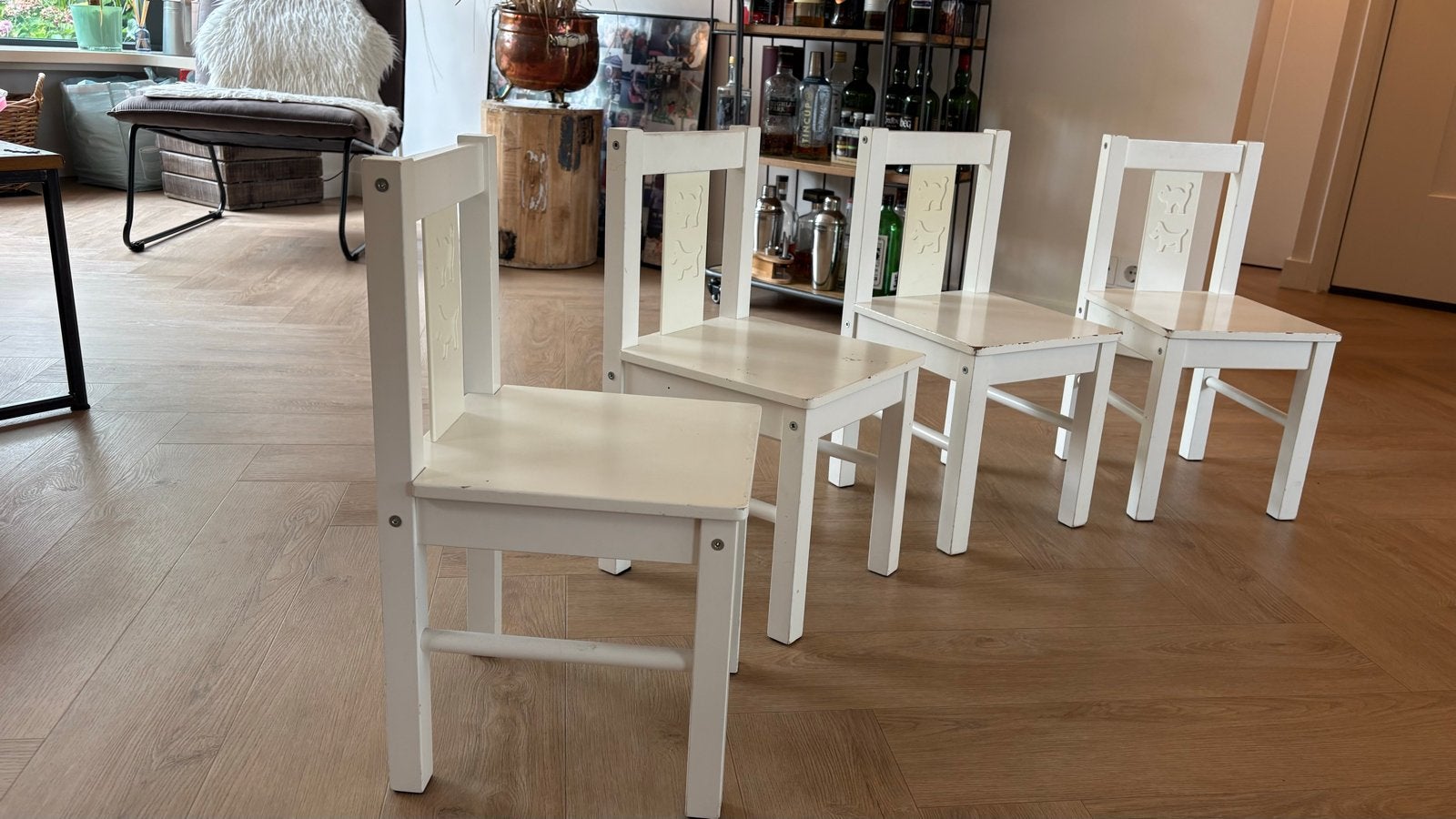 Set van 4 witte houten kinderstoeltjes, Ophalen, Gebruikt, Wit, Vijf, Zes of meer stoelen