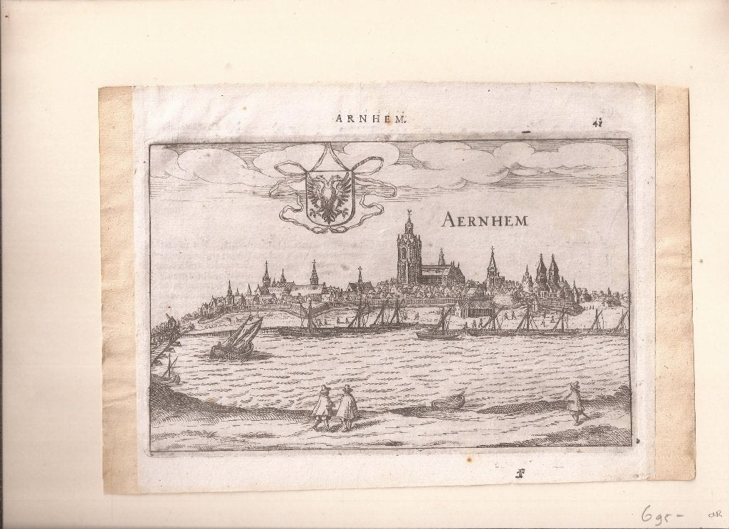 Arnhem. Aernhem aanzicht Guicciardini 1613 Schaars, Stadsgezicht, Gravure, Met tekst, 13 cm