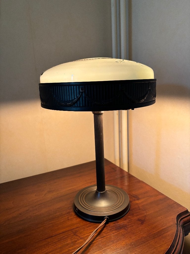 Art Nouveau bronzen lamp met glazen kap, Gebruikt, Glas, Minder dan 50 cm, Ophalen