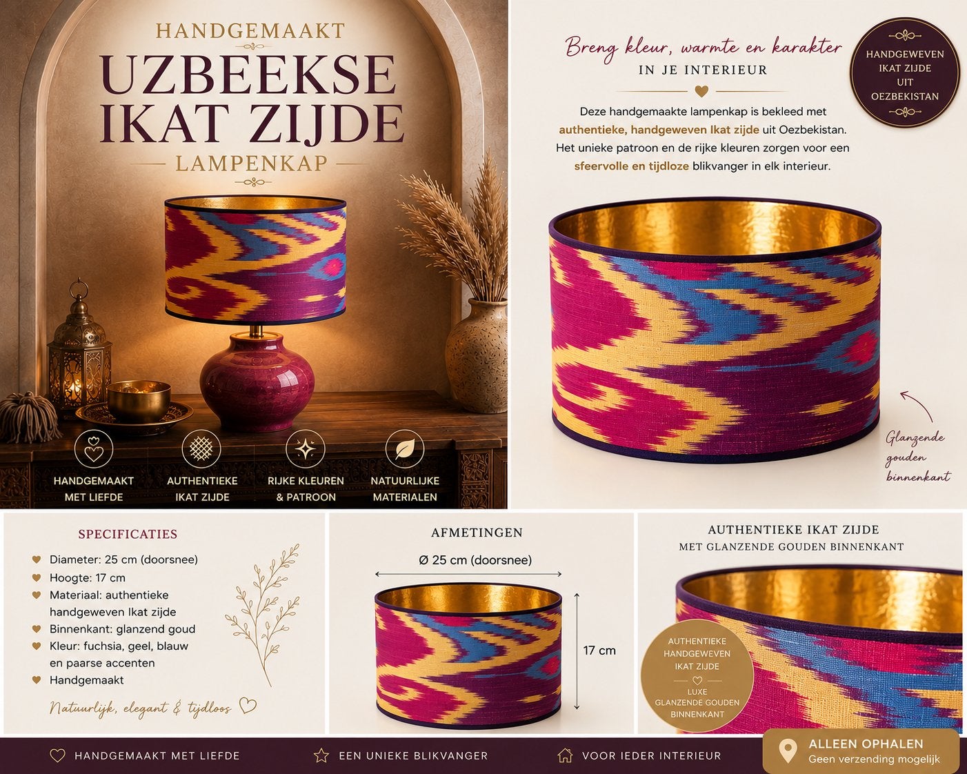 Lampenkap oezbeekse ikat, Rond, Nieuw, 17 cm, Ophalen