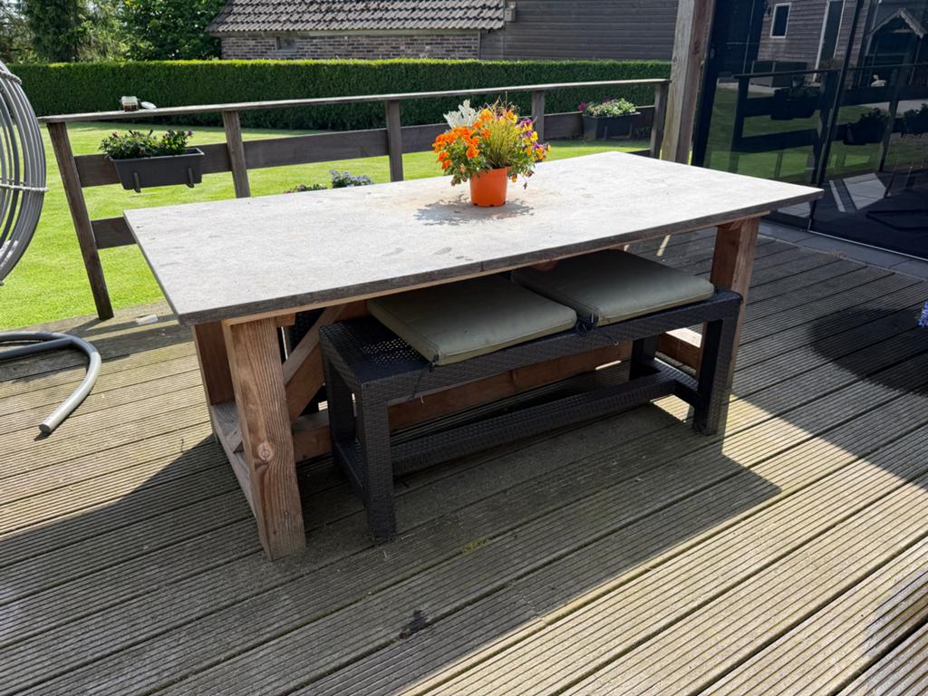 Houten tuintafel met natuurstenen blad, Tuin en Terras, Ophalen, Gebruikt, Rechthoekig, Hout