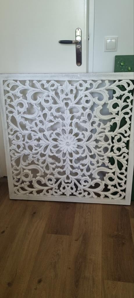 Twee decoratieve wandpanelen, wit houtsnijwerk, Ophalen, Hout, Vintage, Zo goed als nieuw