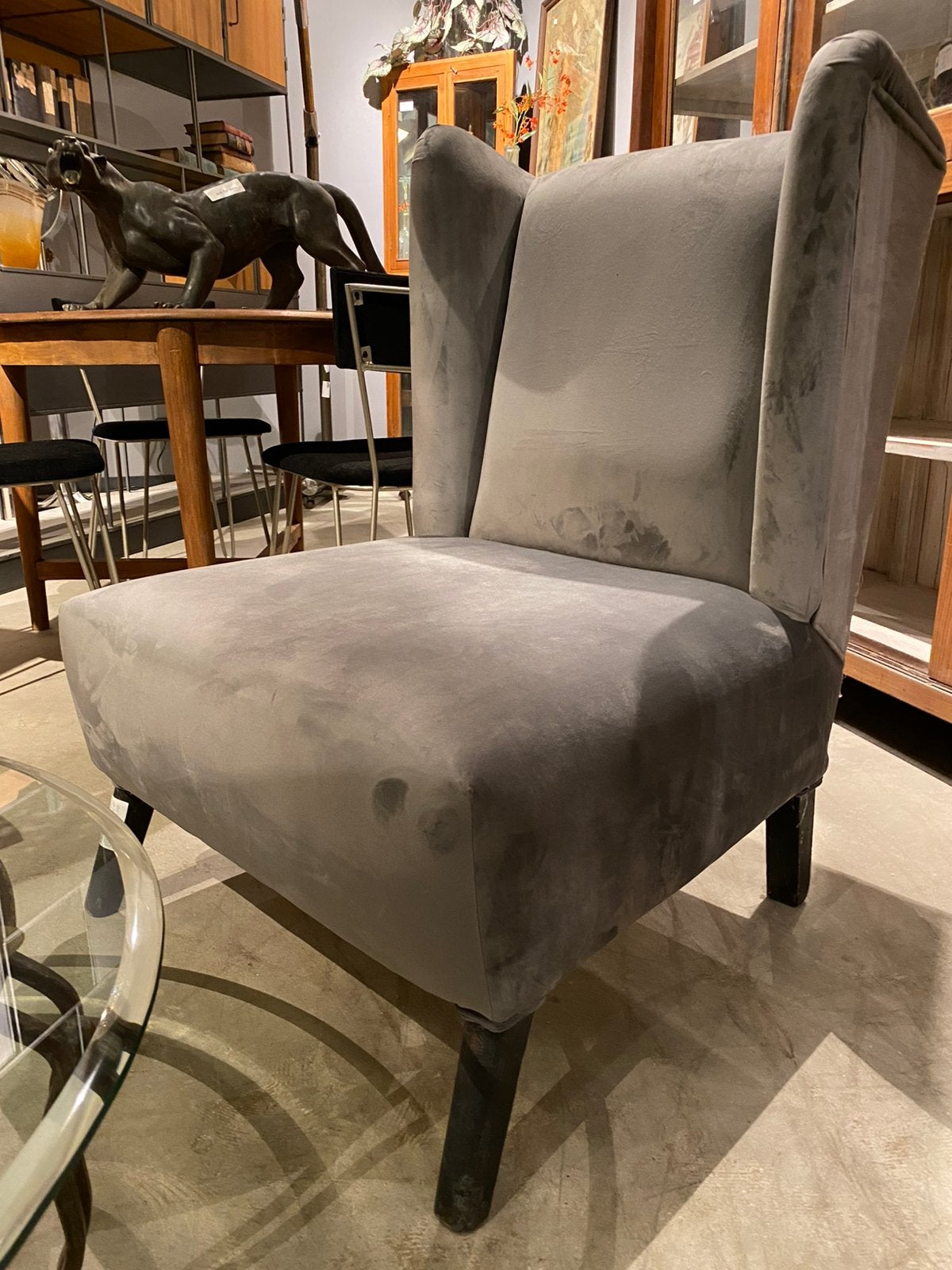 Vintage grijze fauteuils, bekleed met velours, Ophalen of Verzenden, Zo goed als nieuw, Grijs, Overige materialen