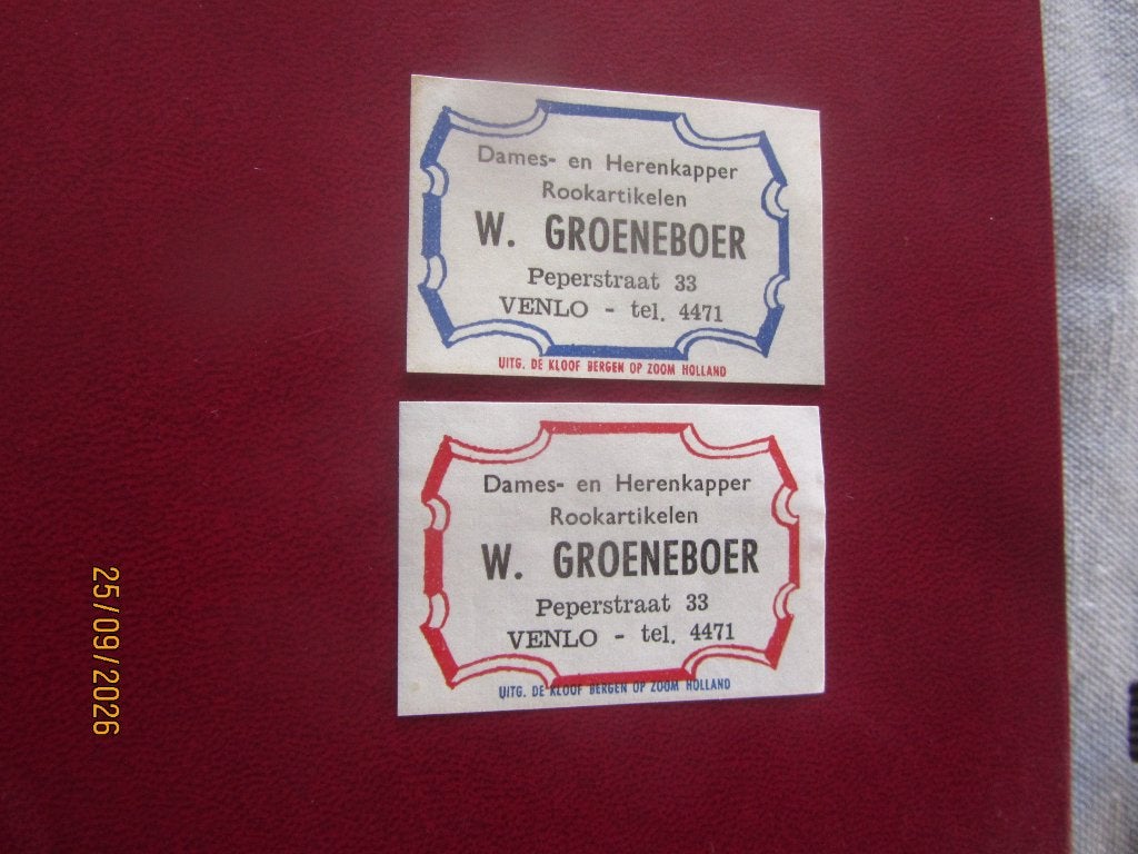 Kapper W. Groeneboer Venlo, Ophalen of Verzenden, Gebruikt, Luciferdoosjes of -merken