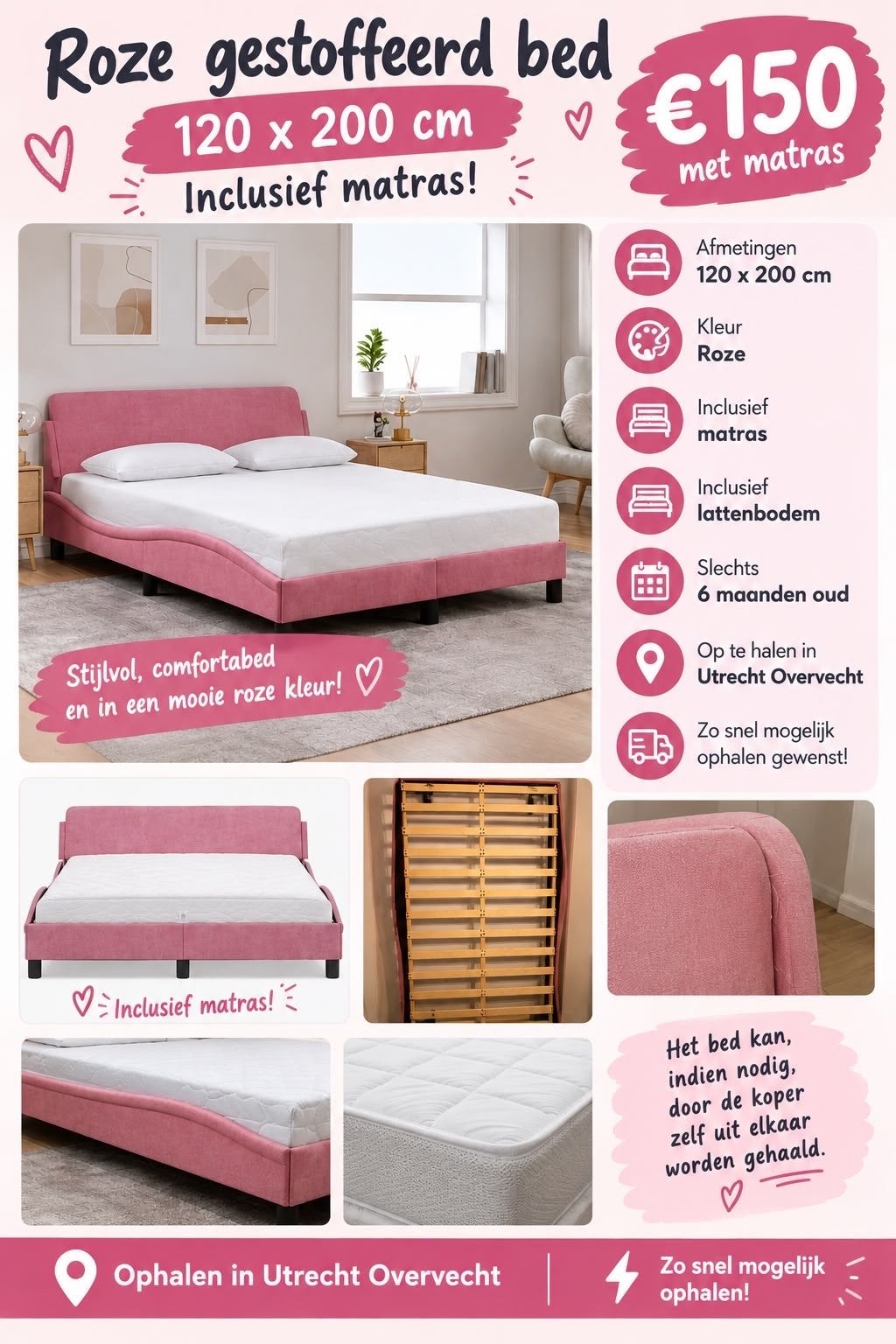 Roze gestoffeerd bed 120x200 cm inclusief matras, Ophalen, Zo goed als nieuw, 120 cm, 200 cm