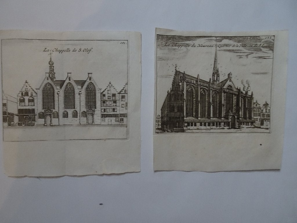 Gravures 2 stuks Olofskapel Nieuwe kapel Amsterdam, 1720, Verzenden, Architectuur, Origineel, Gravure
