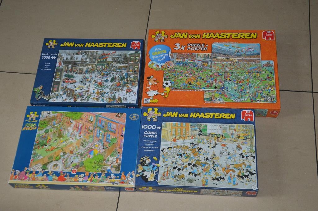 4 Dozen met Jan van Haasteren puzzels: De Veemarkt, Kerstmis, Ophalen of Verzenden, 500 t/m 1500 stukjes, Gebruikt, Legpuzzel