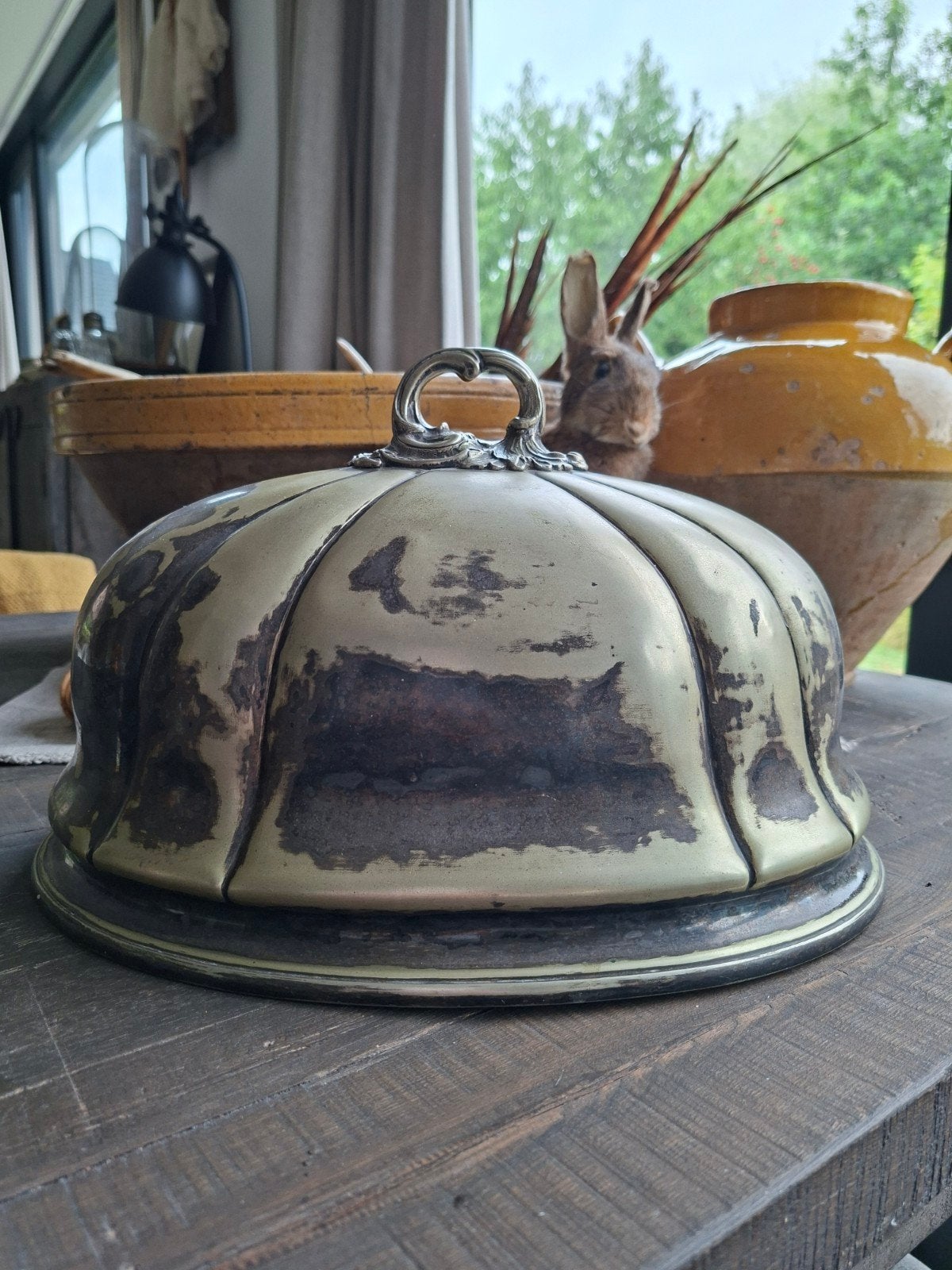 Antieke cloche / serveerschaal met handvat, Ophalen of Verzenden