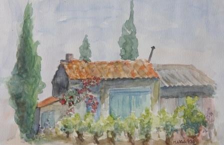 Aquarel in Franse sferen Huisje Wijngaard Druiven Schuurtje, Ophalen of Verzenden