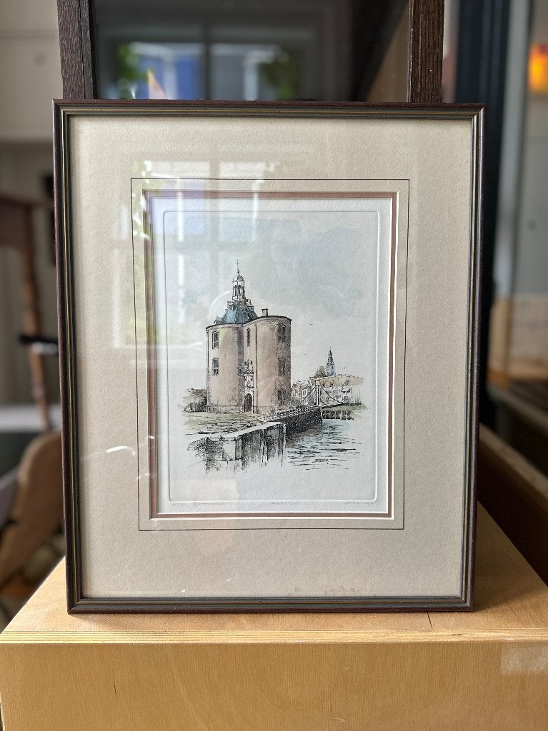 Oude ets / gravure van A. Wieringa, Drommedaris Enkhuizen, Antiek en Kunst, Kunst | Etsen en Gravures, Ophalen, 44 cm, 36 cm, Met passe-partout