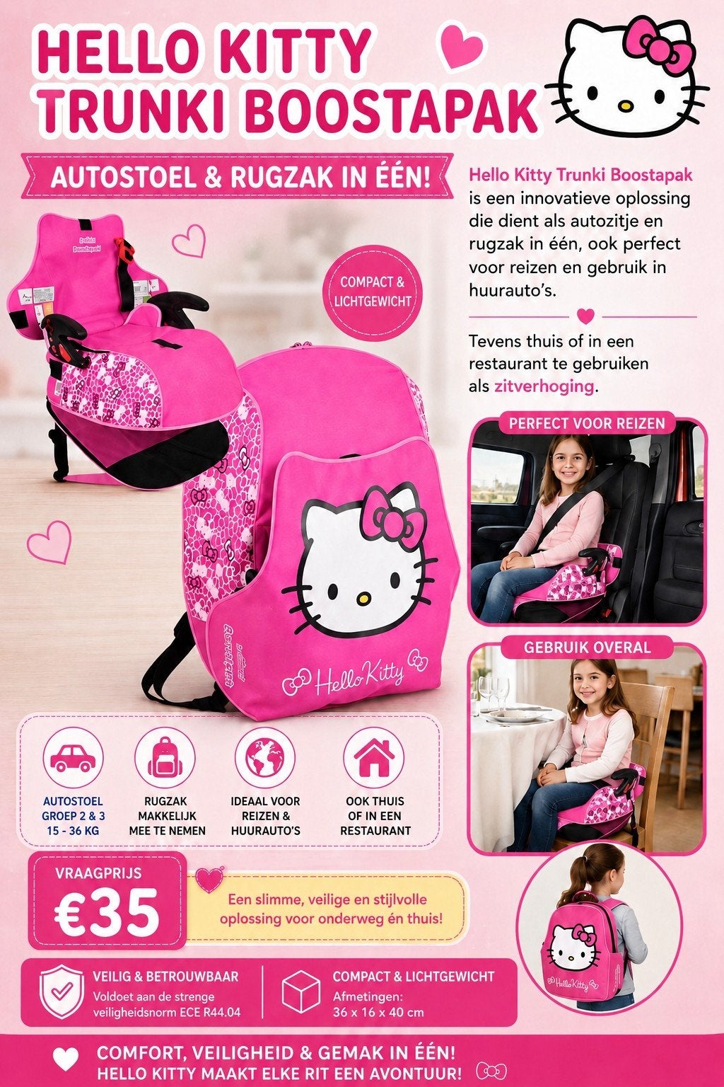 Autozitje & rugtas in één van Hello Kitty, Ophalen, Gebruikt