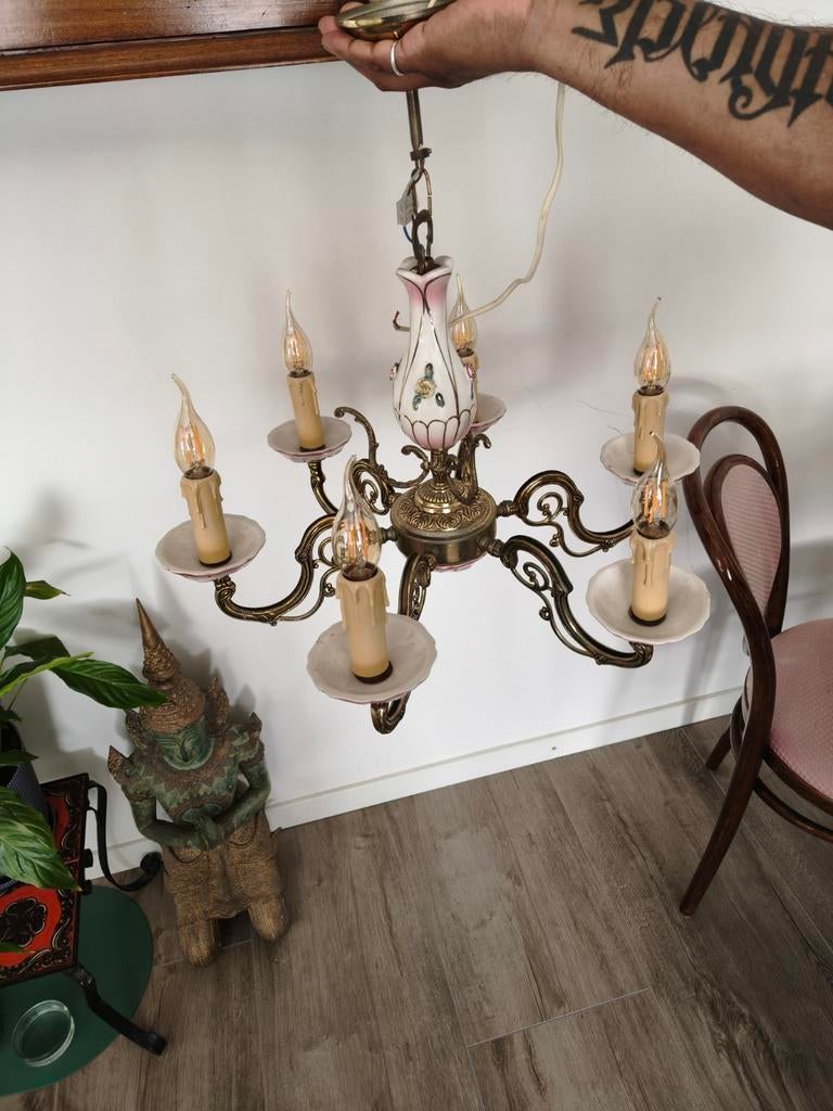 Vintage zesarmige kroonluchter met porseleinen bloemen, Ophalen of Verzenden