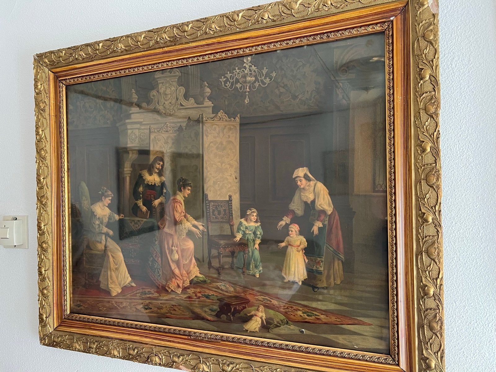Klassiek schilderij: Gezinsscène in rijk interieur, Antiek en Kunst, Ophalen, Doek, Portret of Personen, Olieverf