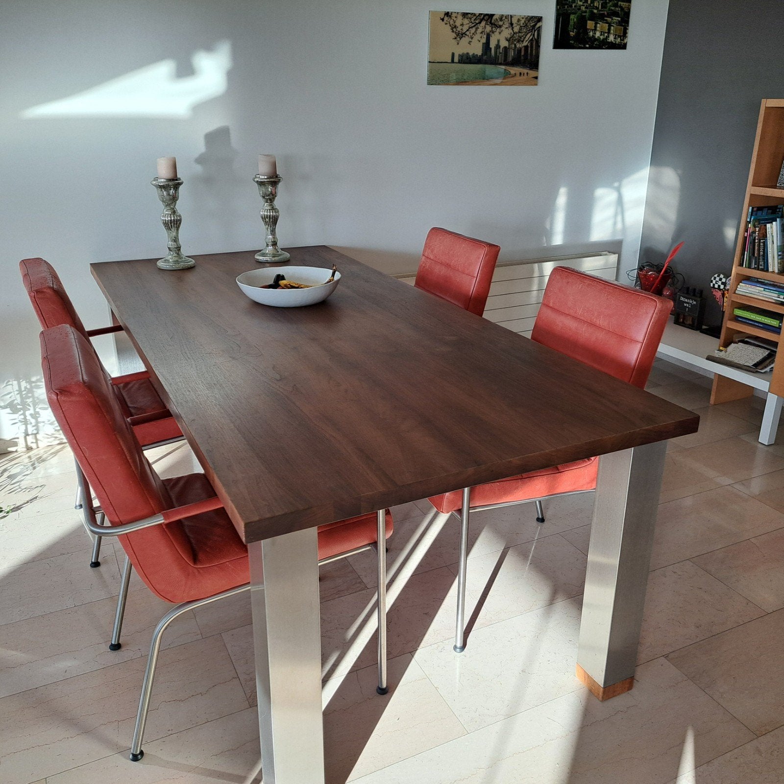 4x eetkamerstoel alu met echt leer rood, Huis en Inrichting, Tafels | Eettafels, Ophalen, Gebruikt, 100 tot 150 cm, Rond