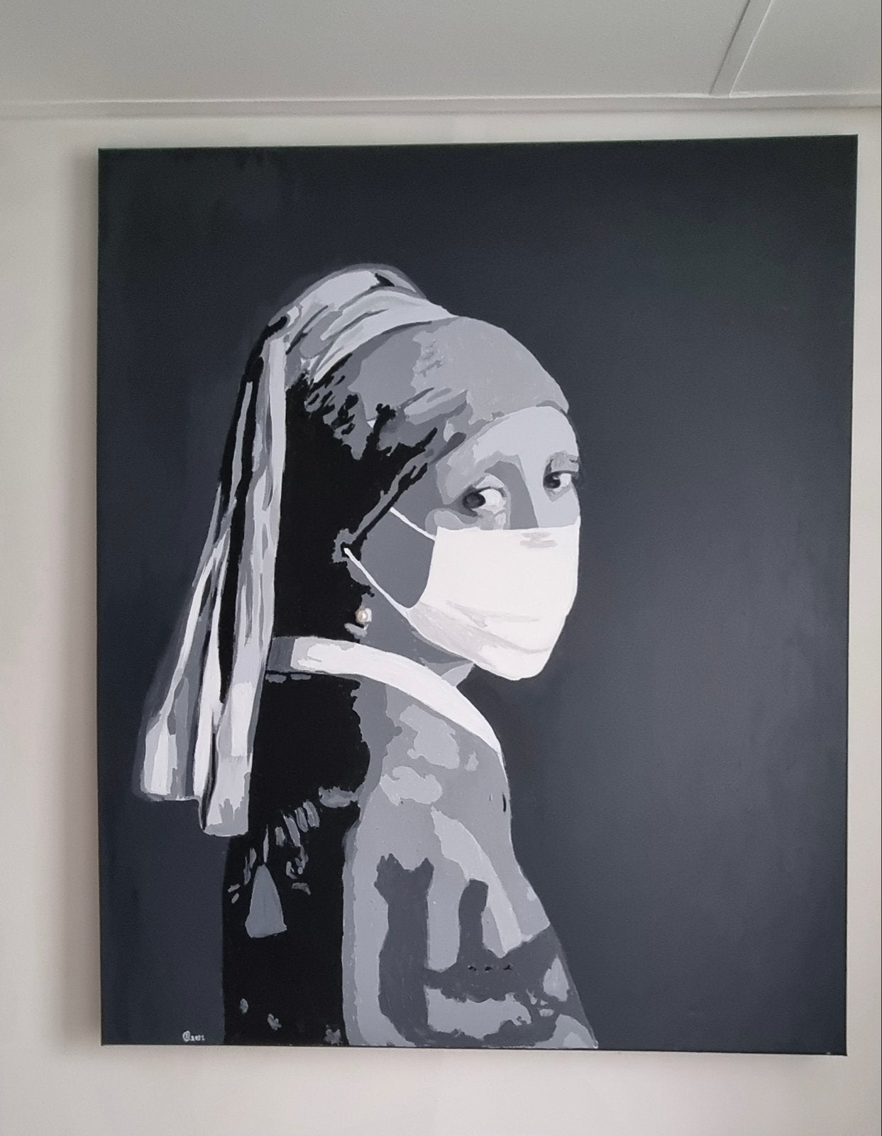 Meisje met de parel met mondkapje - Modern schilderij, Antiek en Kunst, Ophalen, Textiel, Acrylverf, Portret