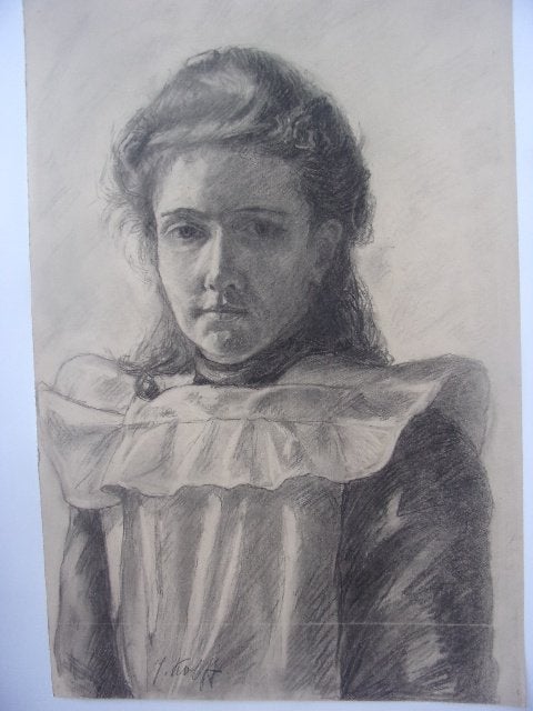 Kolff, J. - Vrouwenportret tekening, Antiek en Kunst, Kunst | Tekeningen en Foto's, Ophalen of Verzenden, Tekening, Potloodtekening