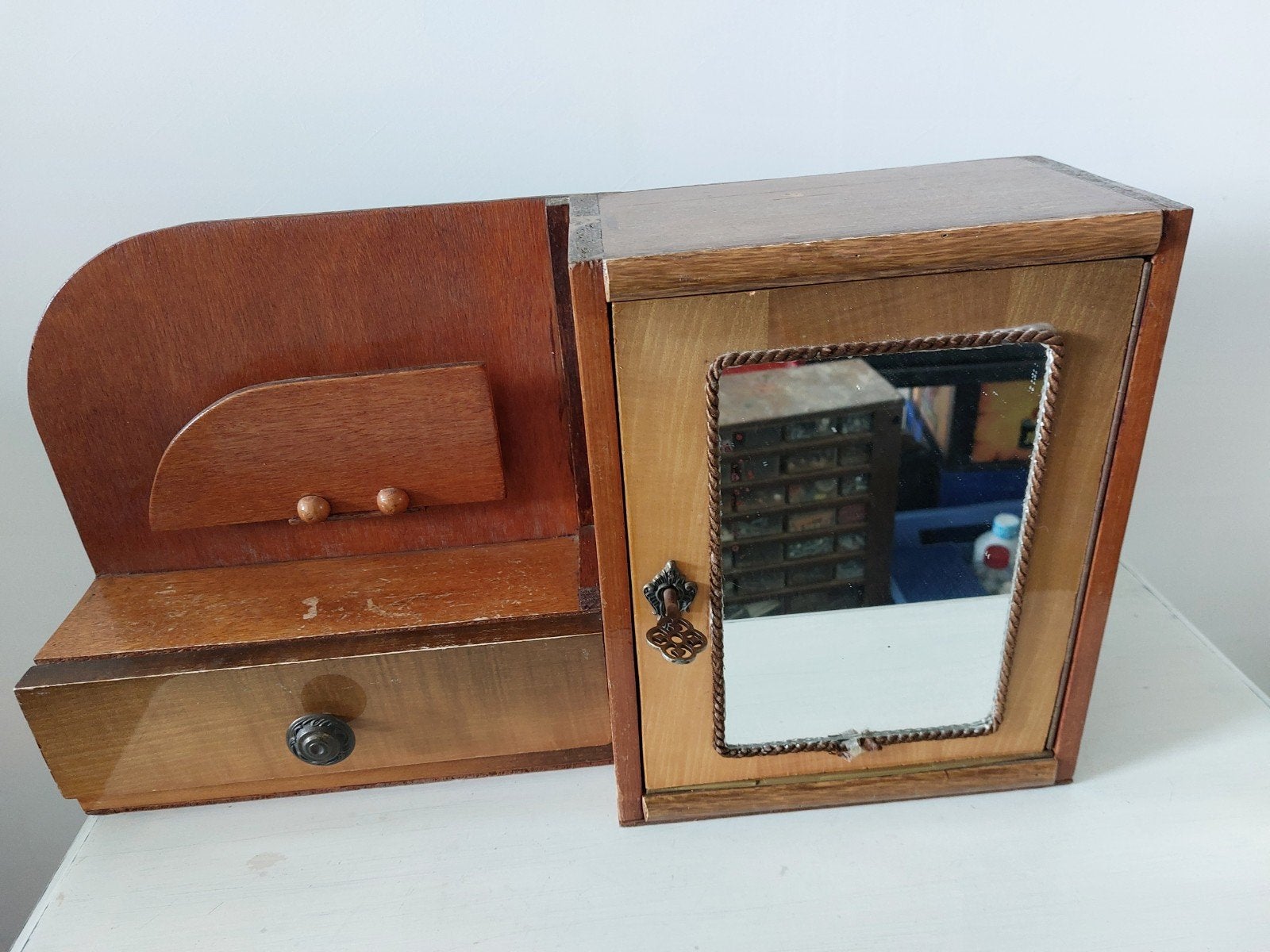 Vintage houten toilet kastje met spiegel, Ophalen