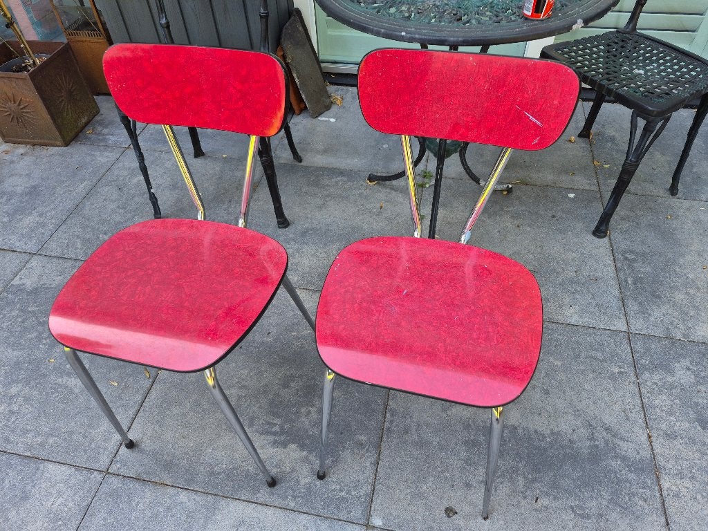 2 leuke vintage formica stoelen, Gebruikt, Twee, Vintage, jaren 60, sixties, Rood