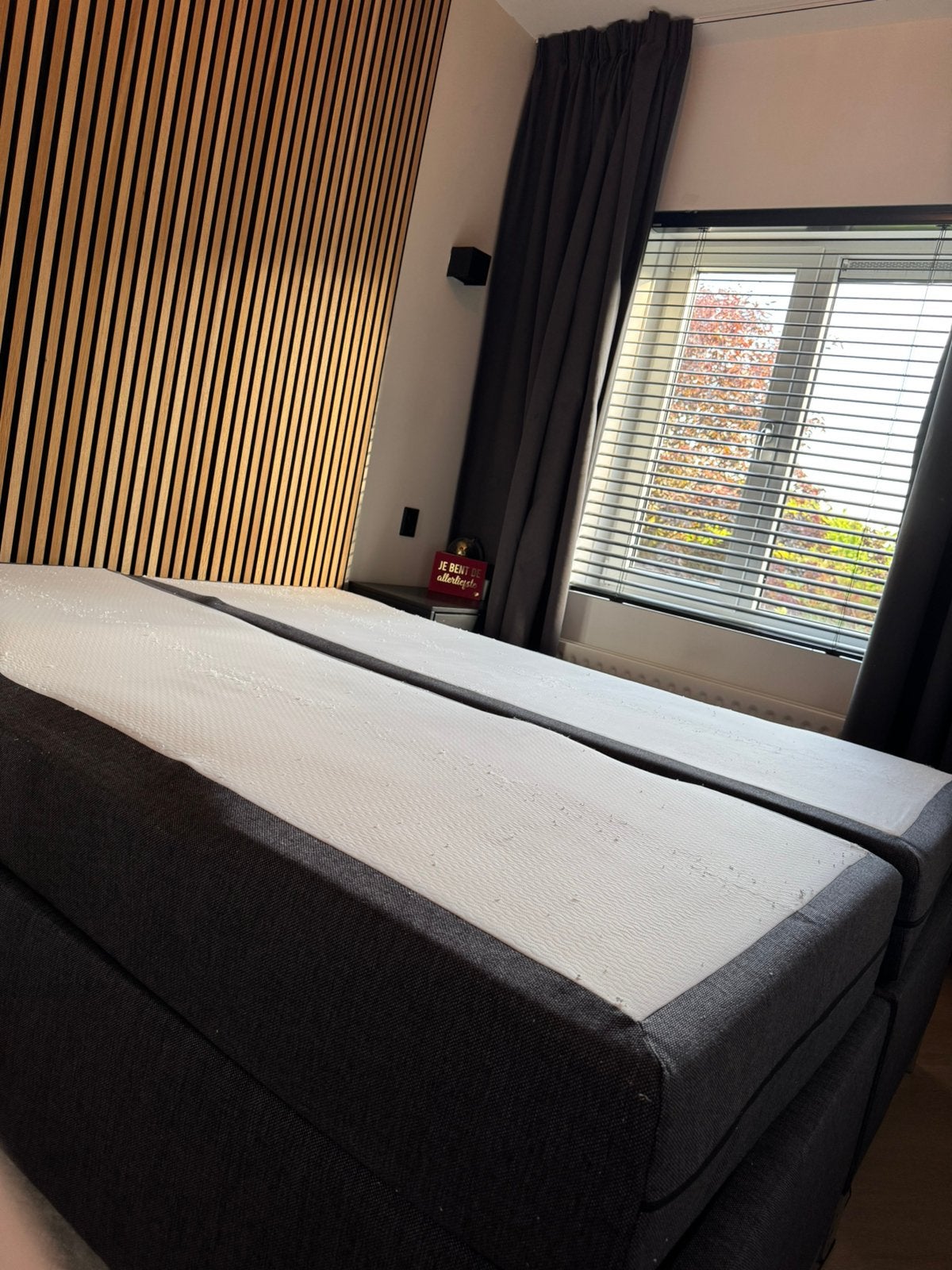 Grijze boxspring 160x200cm, Ophalen, Zo goed als nieuw, Tweepersoons, 160 cm
