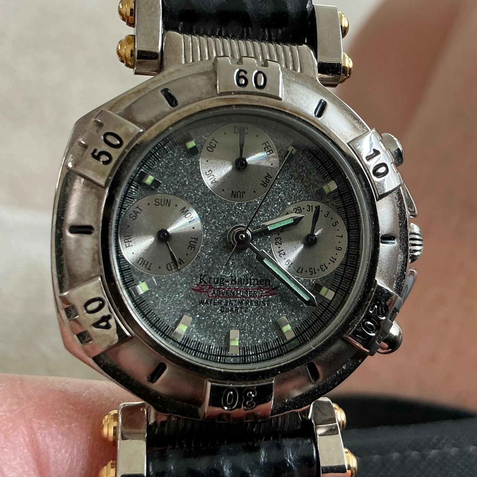Vintage Krug-Baümen Adventurer horloge - Zwart Leer & Staal, Ophalen of Verzenden, Zo goed als nieuw, Leer, Overige merken