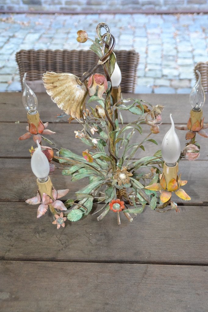 Prachtige oude bloemenlamp met metalen roosjes, Ophalen of Verzenden
