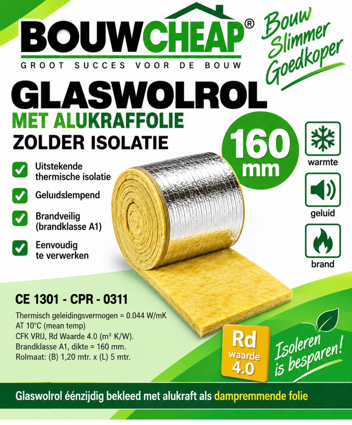 Glaswol isolatie op rol met aluminium dampremmende folie, Doe-het-zelf en Verbouw, 4 tot 8 cm, Nieuw, Ophalen of Verzenden, 15 m² of meer