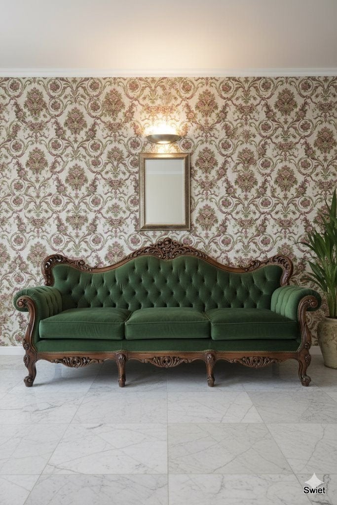 14115 barok bloemenbehang vintage wallpaper roze groen swiet, Ophalen of Verzenden, Groen
