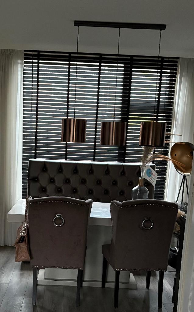 Eric Kuster style Eetbank en stoelen en tafel, Ophalen, Gebruikt, Eric kuster eetbank, stoelen velvet en rechthoekige eettafel