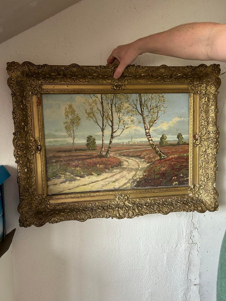 Olieverfschilderij: Landschap met berken en heide, Ophalen