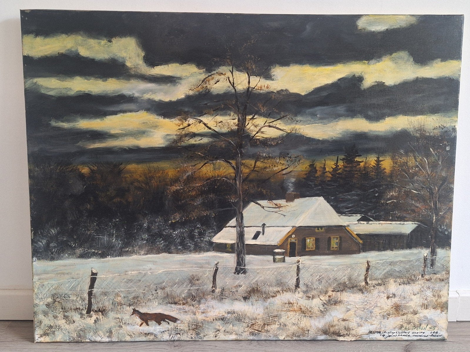 Schilderij: Winterlandschap met jachthuis en vos, Antiek en Kunst, Kunst | Schilderijen | Klassiek, Ophalen of Verzenden