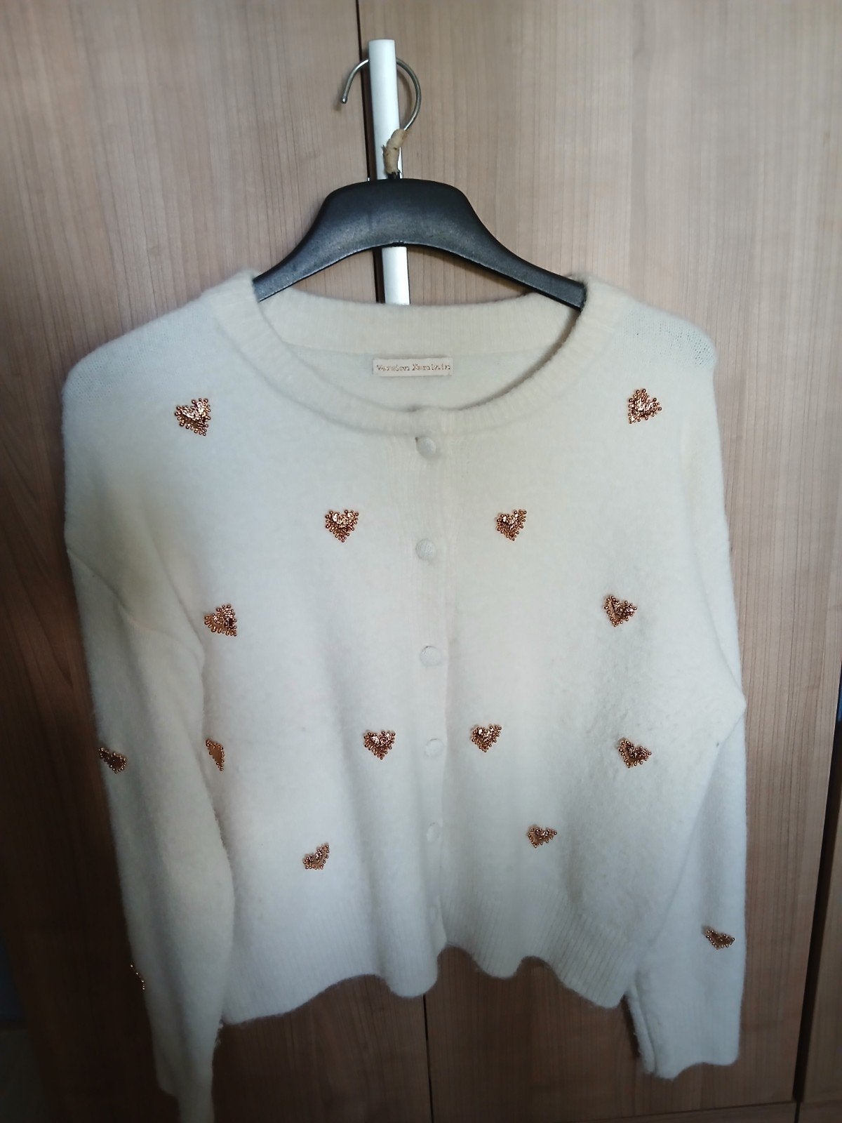 Room wit wollen vest met stalen rose kleurige hartjes L/XL, Ophalen of Verzenden, Zo goed als nieuw, Maat 46/48 (XL) of groter