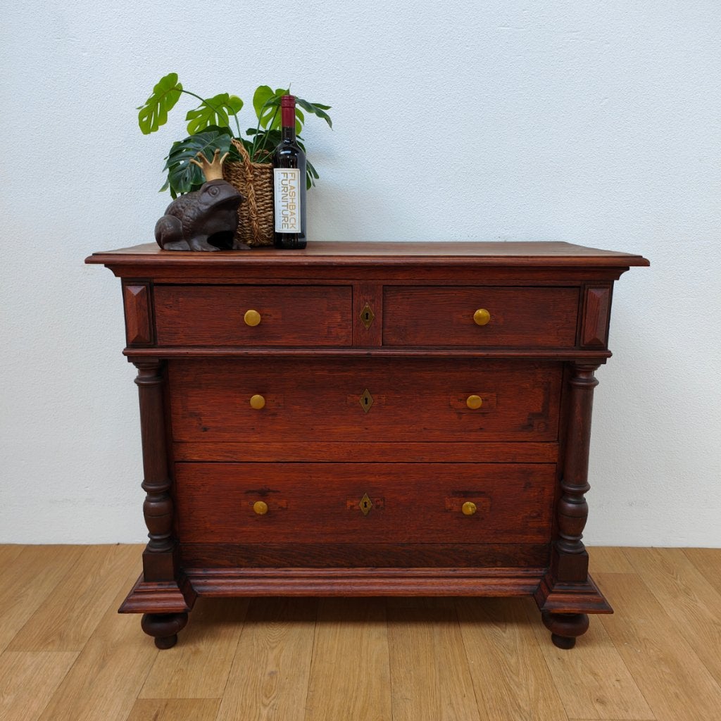 Vintage houten commode ladekast dressoir ladekastje 404, Valkenswaard, Gebruikt, Info@flashbackfurniture.nl, Eikenhout