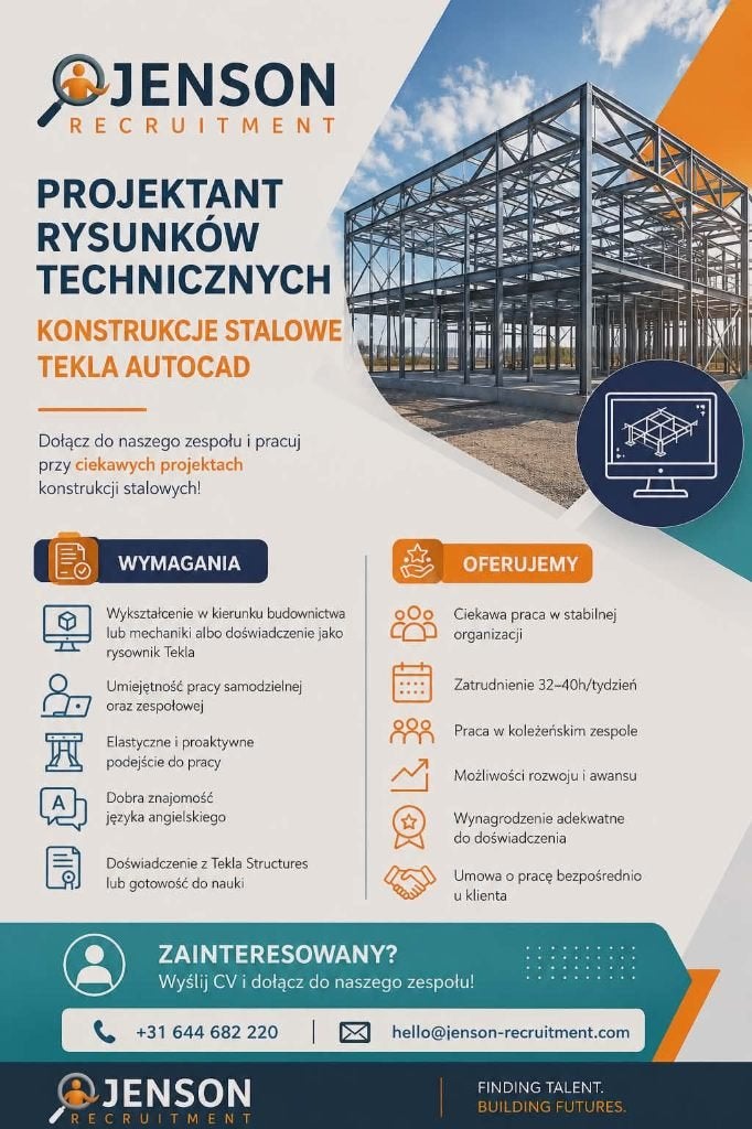 Projektant rysunkow w Tekla, 33 - 40 uur, MBO, Starter, Vast contract