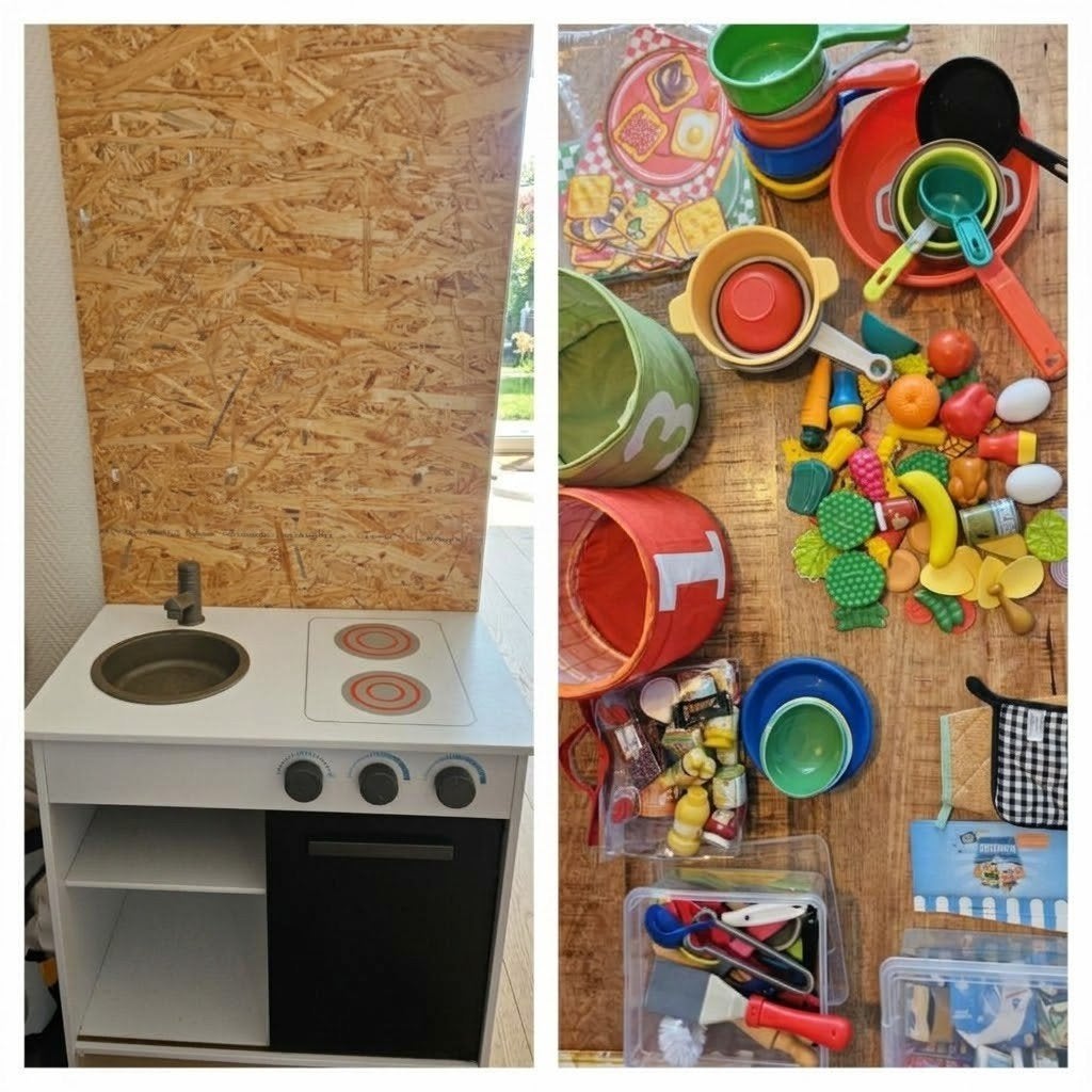 Speelkeuken met zelfgemaakte achterwand en vele accessoires, Kinderen en Baby's, Ophalen