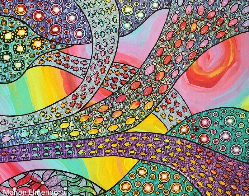 Handgeschilderd Schilderij "Busy Ocean" Kunst Nieuw, Acrylverf, Gesigneerd, Ophalen of Verzenden, Dieren