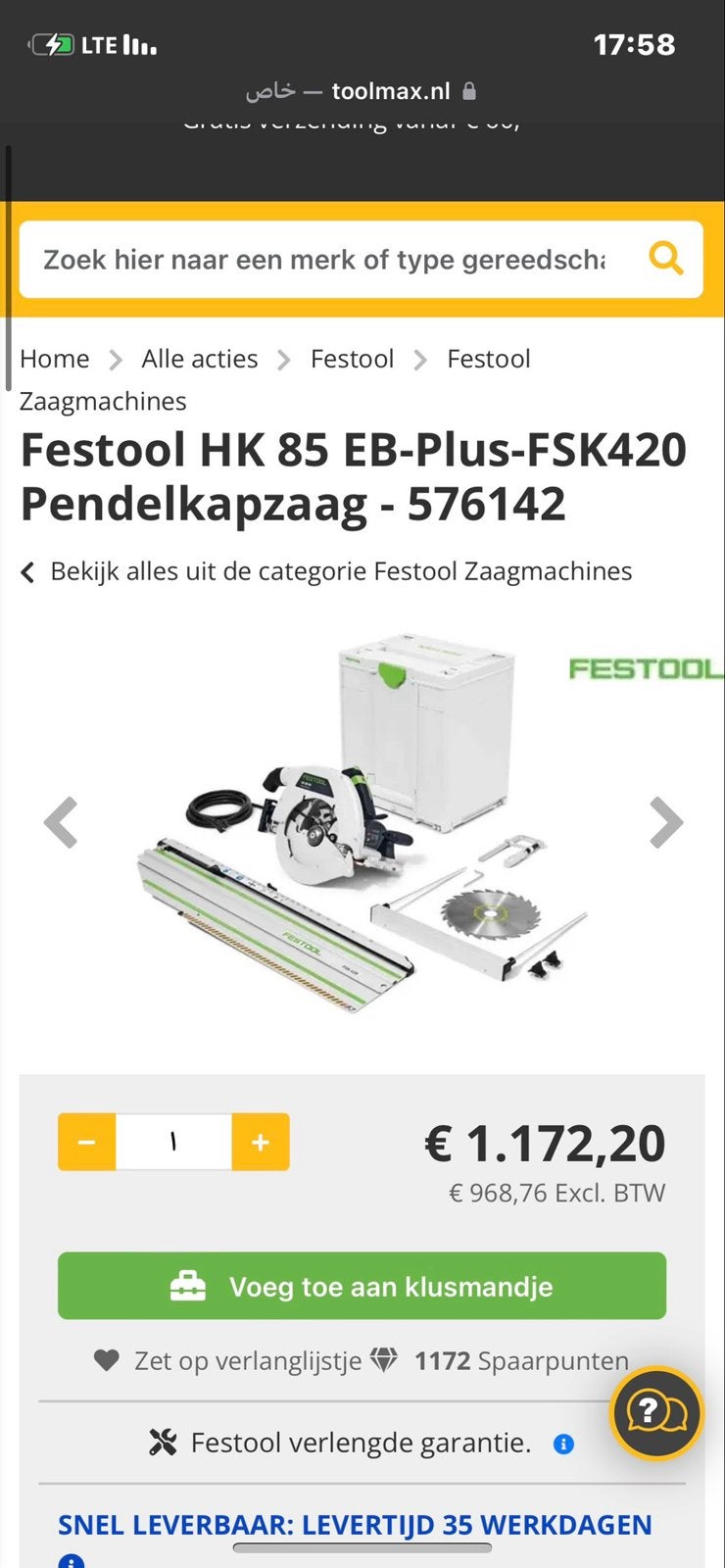 Festool bandeljapzaag netjes werk, Ophalen of Verzenden, Zo goed als nieuw, Afkortzaag, 30 tot 70 mm