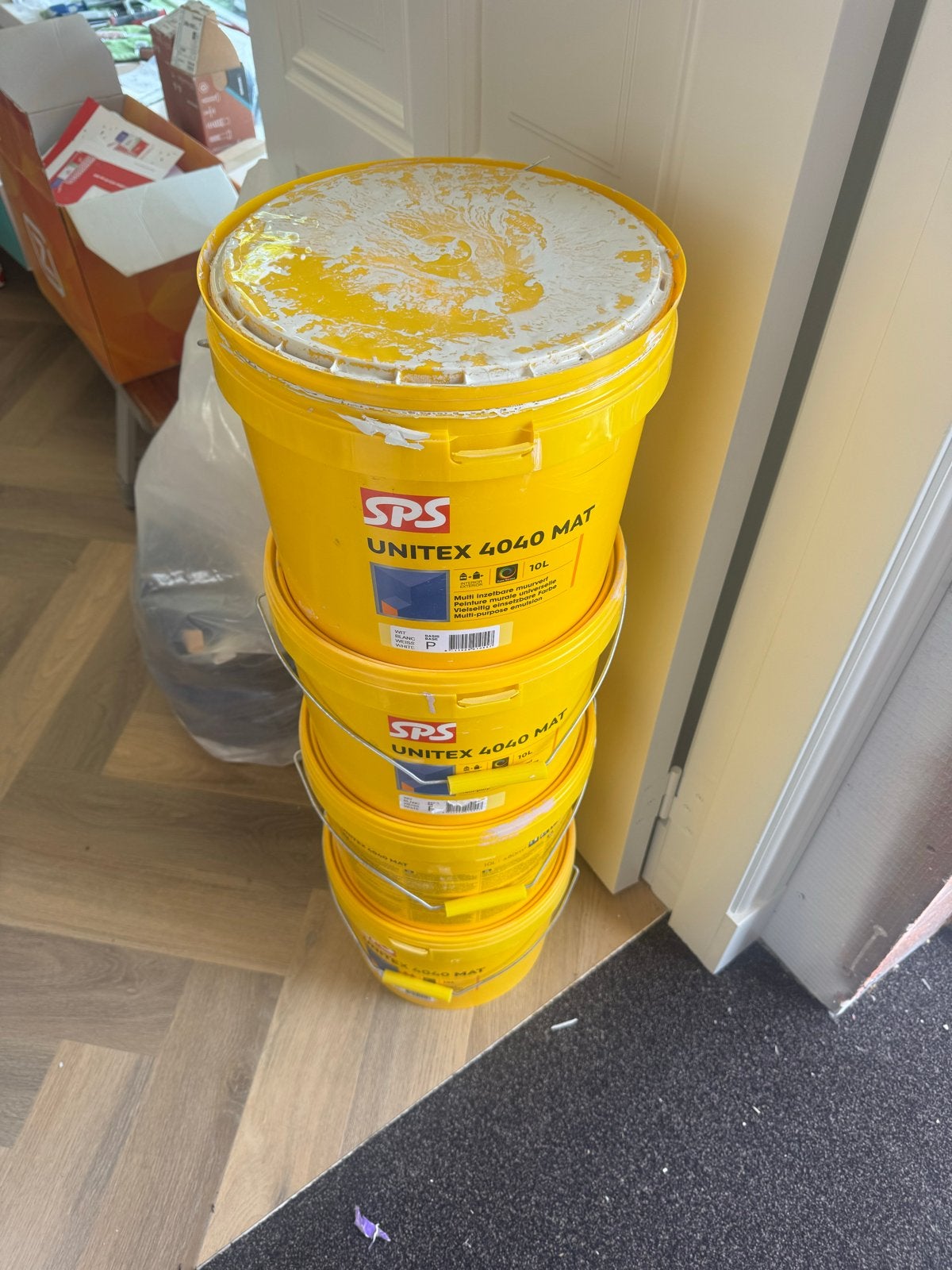 4 emmers SPS Unitex 4040 Mat Verf RAL 9002 (10L per emmer), Wit, Ophalen of Verzenden, 20 liter of meer, Verf