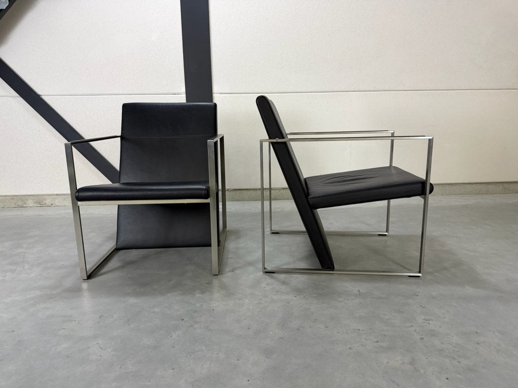 Arco Spine fauteuils - zwart leer en staal, Ophalen, Artifort Pastoe Montis Jess Design Label, Minder dan 75 cm, Nieuw