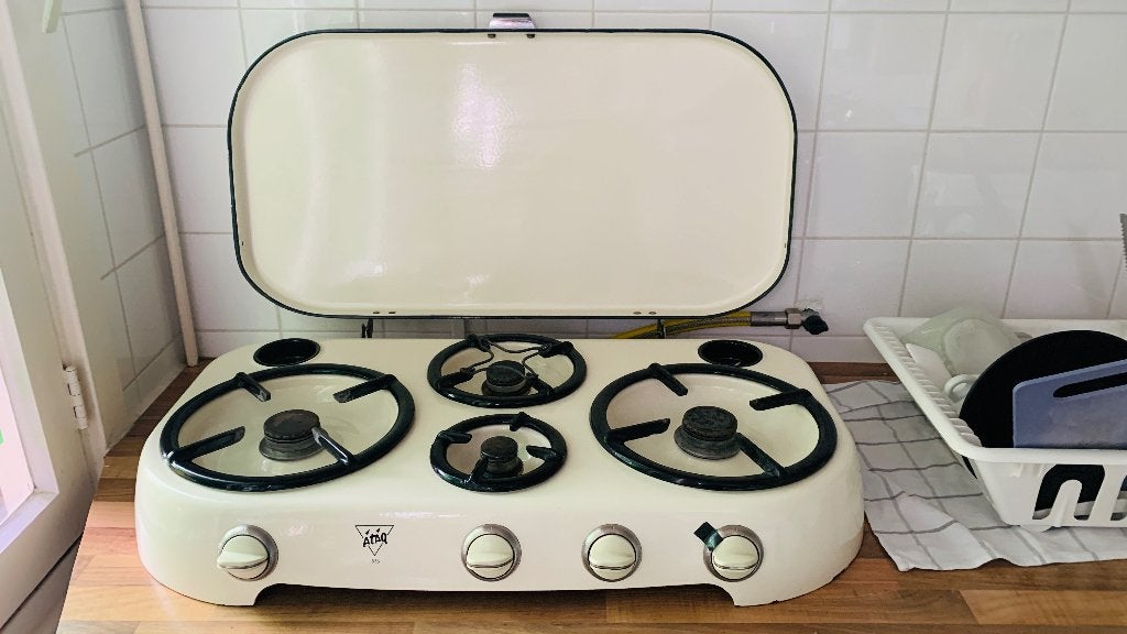 Vintage Atag 4-pits gaskomfoor (Type 535) – Crème / Retro, Gebruikt, Gas, Vrijstaand, 4 kookzones