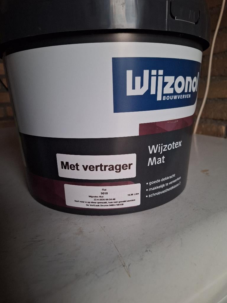 Wijzotex 10 liter met droogvertrager. Nieuw, Doe-het-zelf en Verbouw, Verf, Beits en Lak, 10 tot 15 liter, Ophalen, Nieuw, Wit