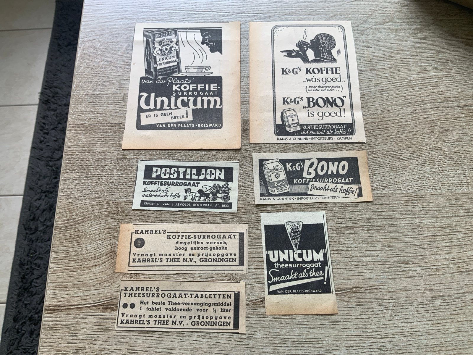 Oude advertenties koffie- en theesurrogaat 1942, Verzamelen, Merken en Reclamevoorwerpen, Ophalen of Verzenden, Gebruikt, Reclamebord