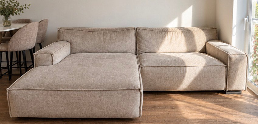 Goossens Jim hoekbank – beige/sesam – chaise longue links, Ophalen, Zo goed als nieuw