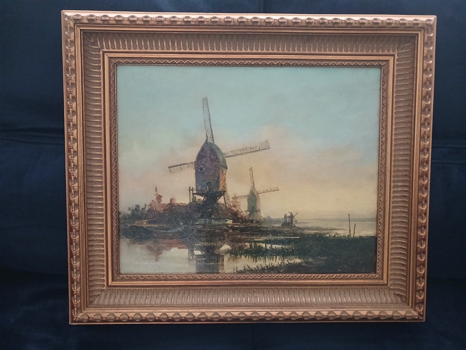 Antiek Molenlandschap Kinderdijk M de Jongere Olieverf, Nederlandse school, Doek, Ophalen of Verzenden, Gesigneerd
