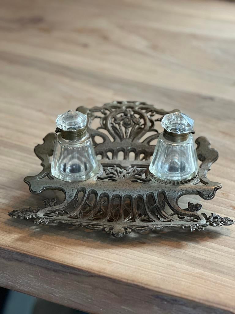 Prachtige antieke Inktpot uit gegoten metaal en glas 1800, Antiek en Kunst, Ophalen of Verzenden