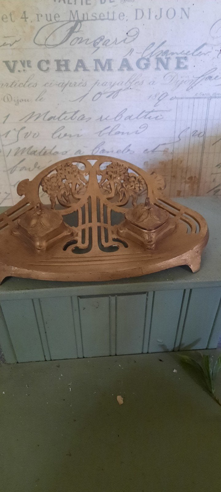 Antieke Art Nouveau inktpot, bronskleurig, Antiek en Kunst, Ophalen of Verzenden