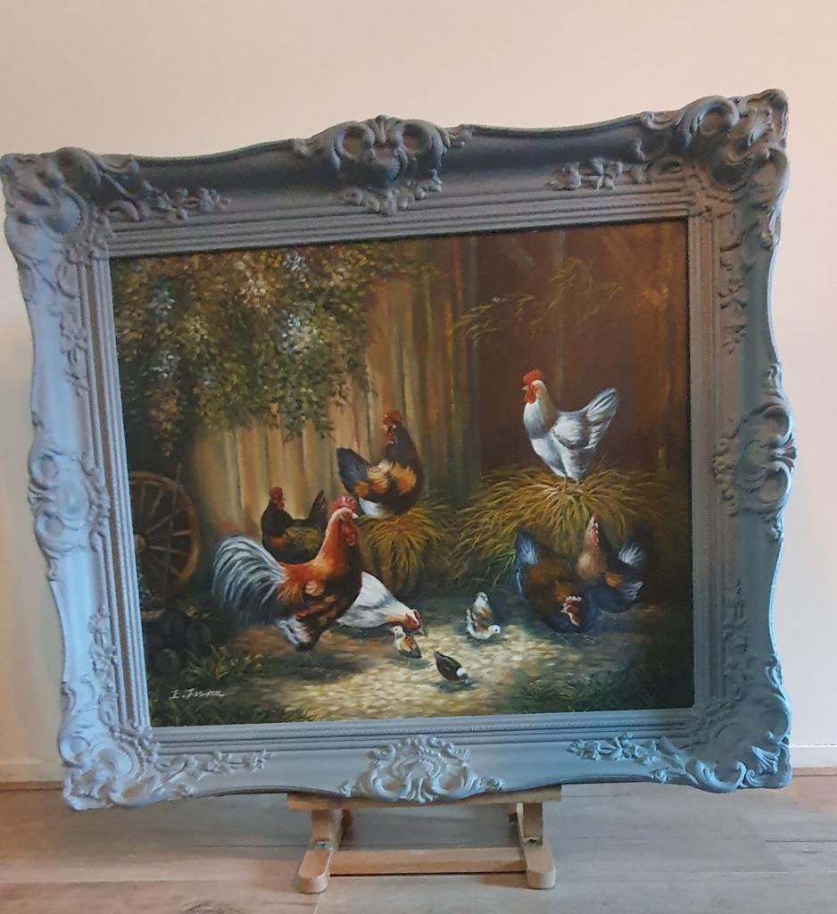 Prachtig schilderij van kippenfamilie, gesigneerd E. Fisher, Ophalen of Verzenden