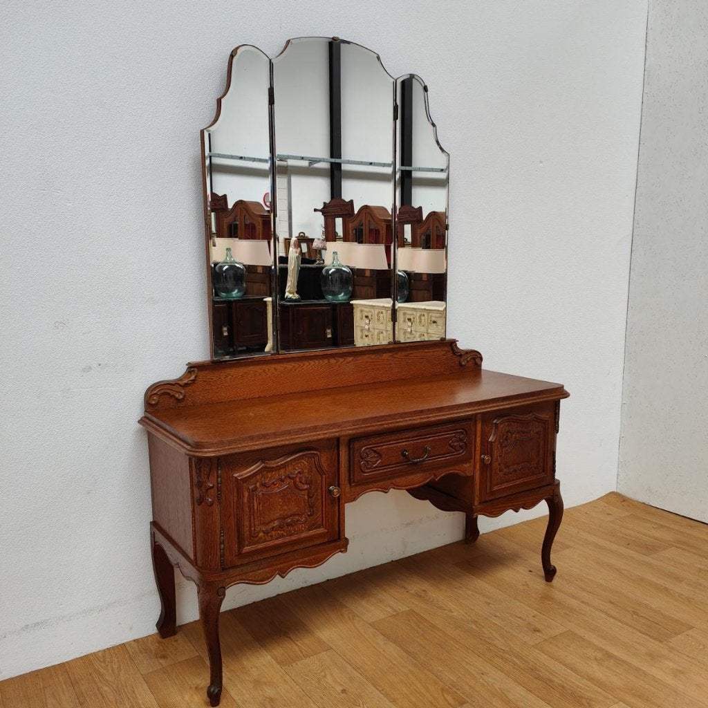 Vintage make up tafel kaptafel met 3 luik spiegel   403, Valkenswaard, Gebruikt, Info@flashbackfurniture.nl, Flashback Furniture